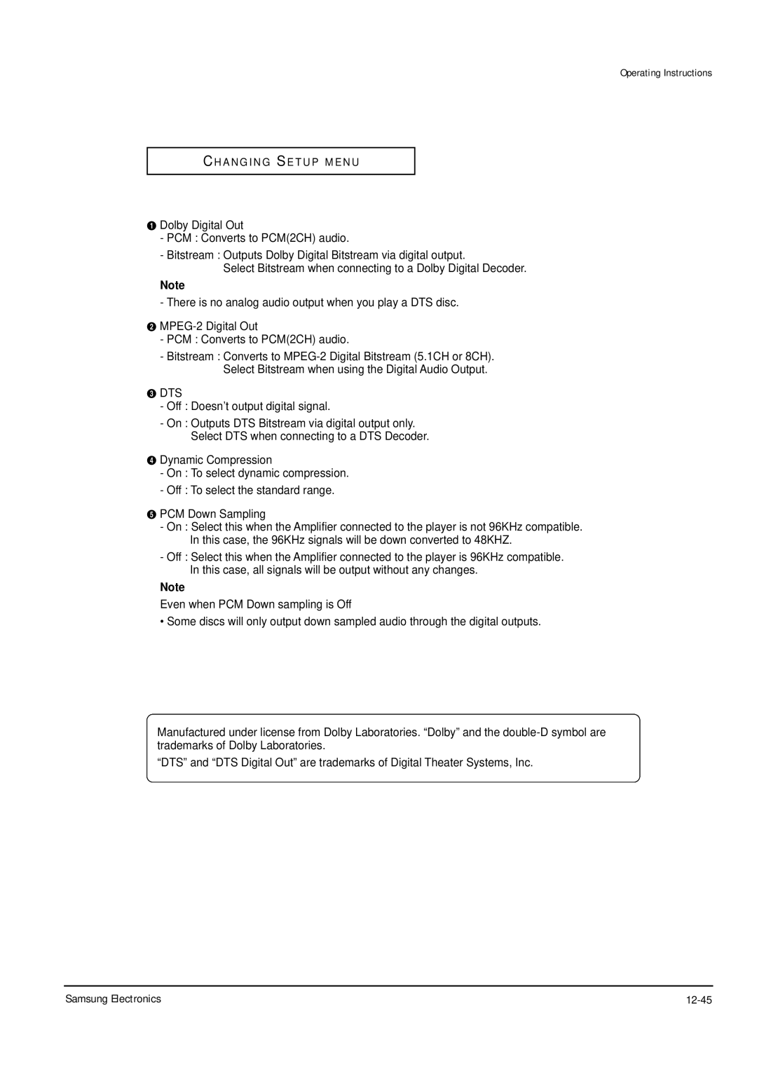 Samsung DVD-P355B/XEH, DVD-P355B/XEU, DVD-P355B/XEG Samsung Electronics 12-45, DTS Off Doesn’t output digital signal 