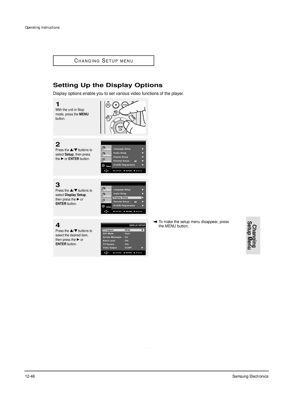 Samsung DVD-P355B/XEG, DVD-P355B/XEU, DVD-P355B/XEH, DVD-P355B/XET, DVD-P355B/XEE service manual Setting Up the Display Options 