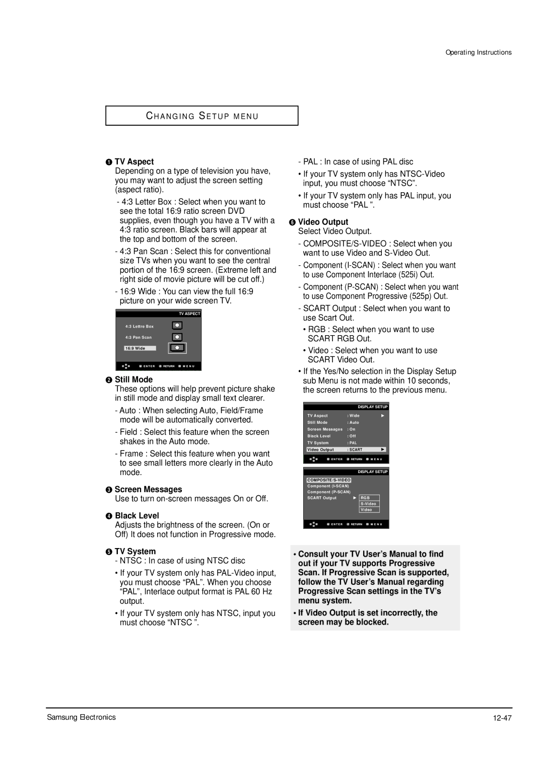 Samsung DVD-P355B/XET, DVD-P355B/XEU, DVD-P355B/XEH, DVD-P355B/XEG, DVD-P355B/XEE Samsung Electronics 12-47, TV Aspect 