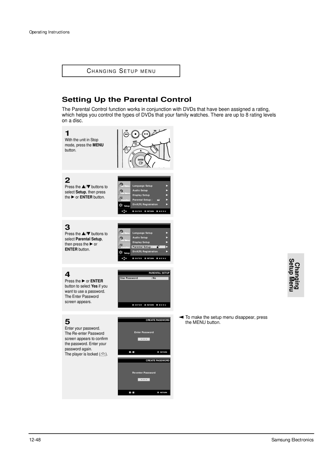 Samsung DVD-P355B/XEE, DVD-P355B/XEU, DVD-P355B/XEH, DVD-P355B/XEG Setting Up the Parental Control, Select Parental Setup 