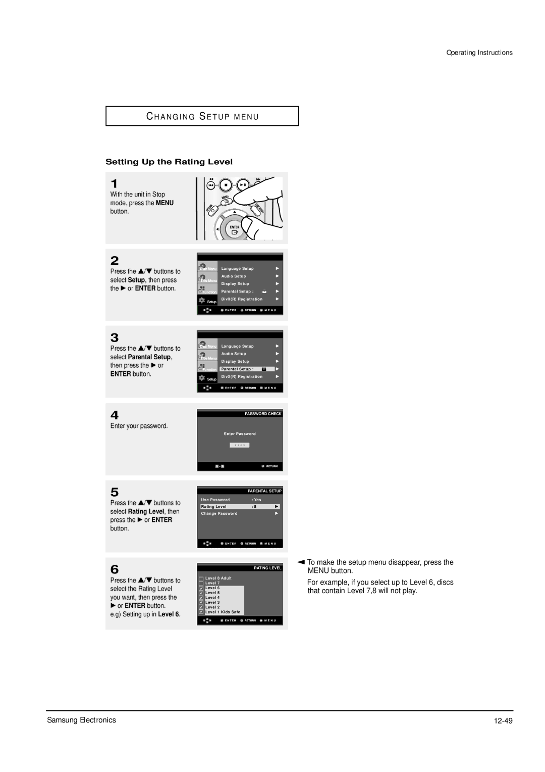 Samsung DVD-P355B/XEL, DVD-P355B/XEU, DVD-P355B/XEH, DVD-P355B/XEG Samsung Electronics 12-49, Setting Up the Rating Level 