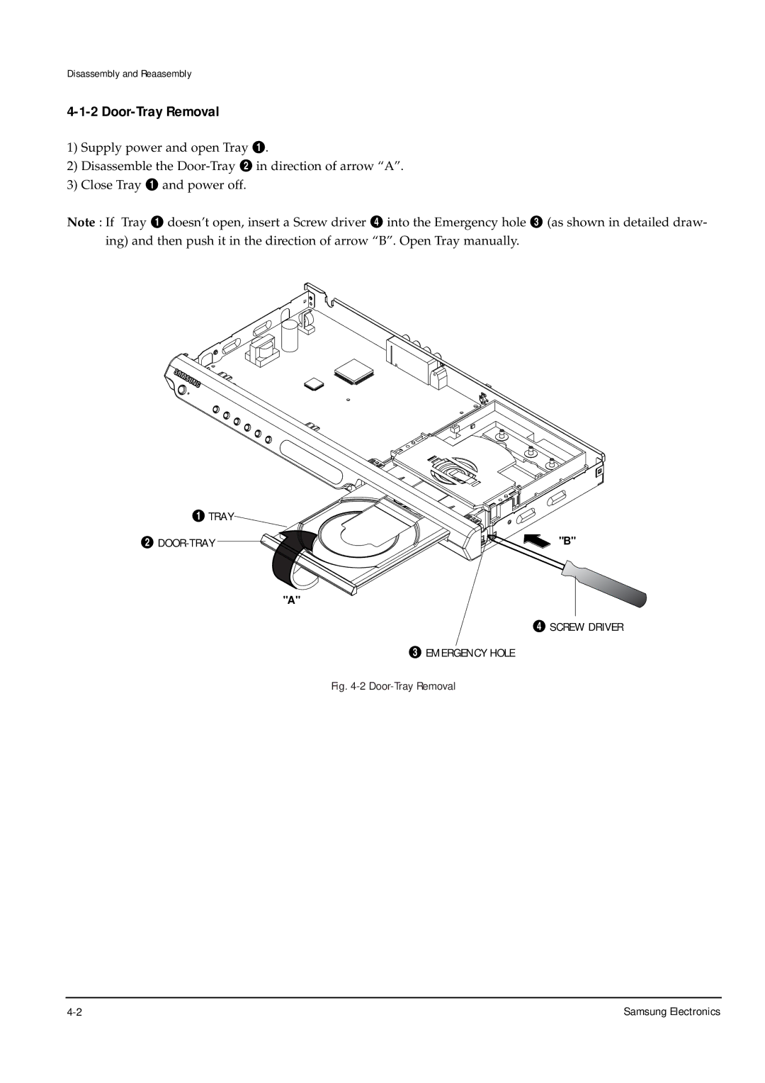 Samsung DVD-P355B/XEG, DVD-P355B/XEU, DVD-P355B/XEH, DVD-P355B/XET, DVD-P355B/XEE Door-Tray Removal, Emergency Hole 