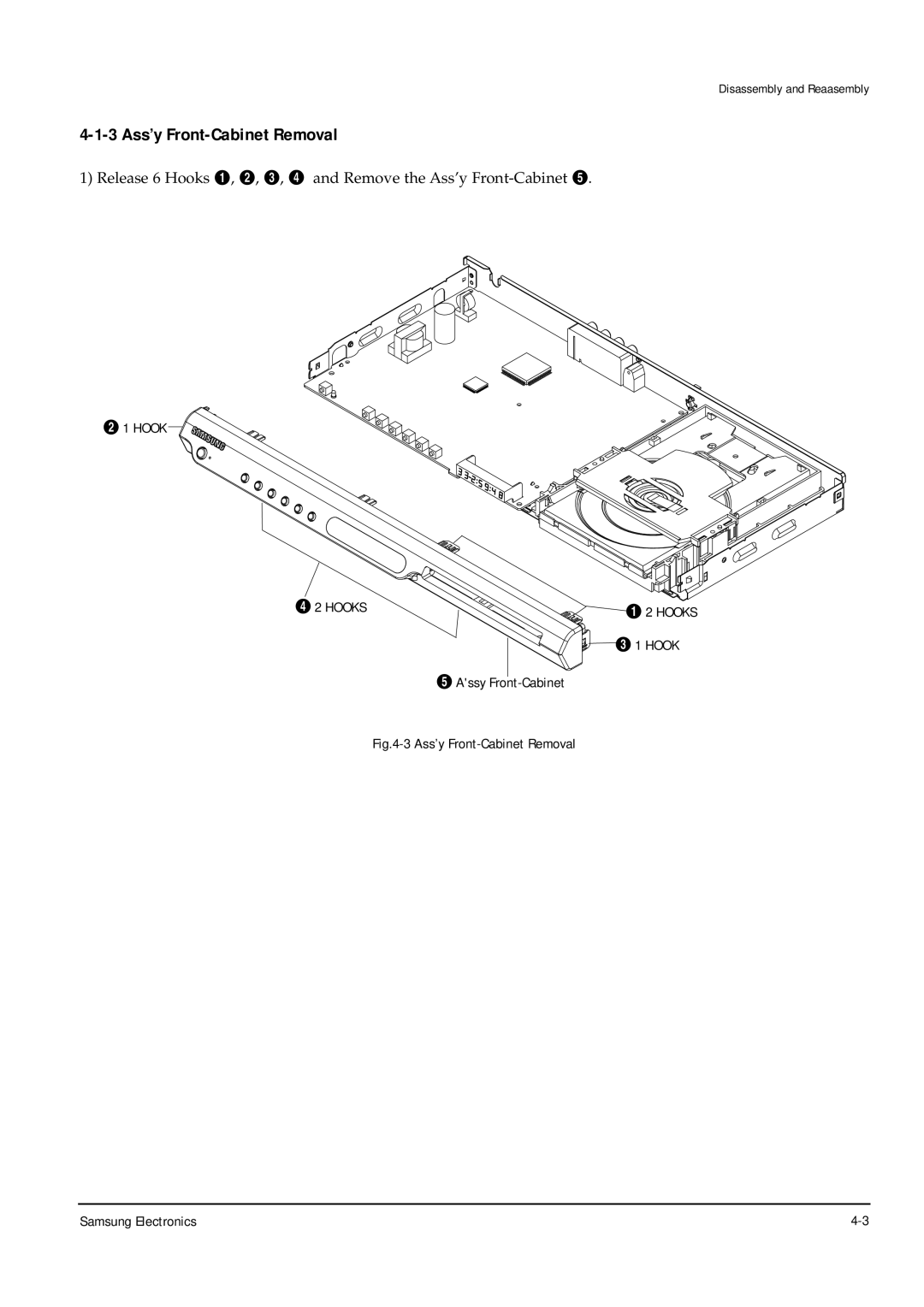 Samsung DVD-P355B/XET, DVD-P355B/XEU, DVD-P355B/XEH 3 Ass’y Front-Cabinet Removal, ´ 1 Hook ¨ 2 Hooks, Assy Front-Cabinet 