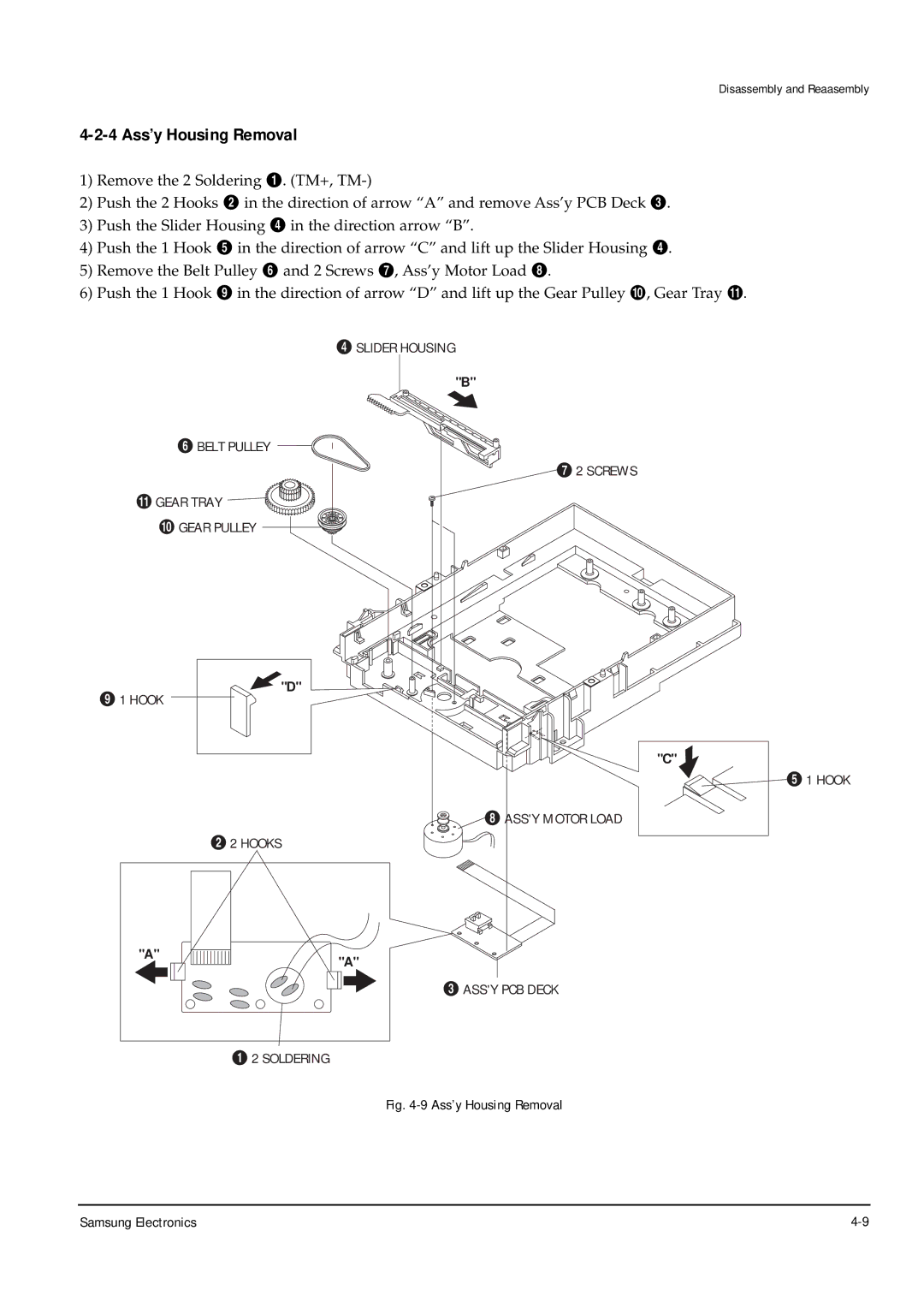 Samsung DVD-P355B/XEH, DVD-P355B/XEU, DVD-P355B/XEG 4 Ass’y Housing Removal, Ass’y Housing Removal Samsung Electronics 