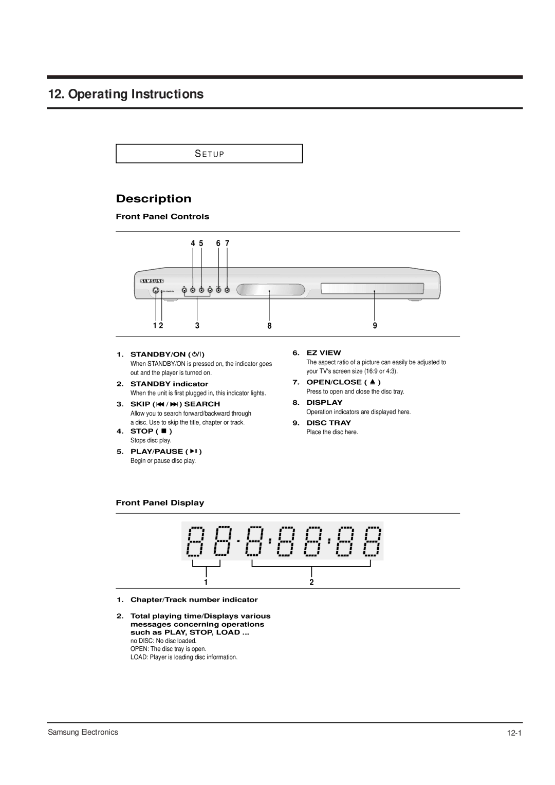 Samsung DVD-P355B/XEL, DVD-P355B/XEU, DVD-P355B/XEH, DVD-P355B/XEG, DVD-P355B/XET Front Panel Controls, Front Panel Display 