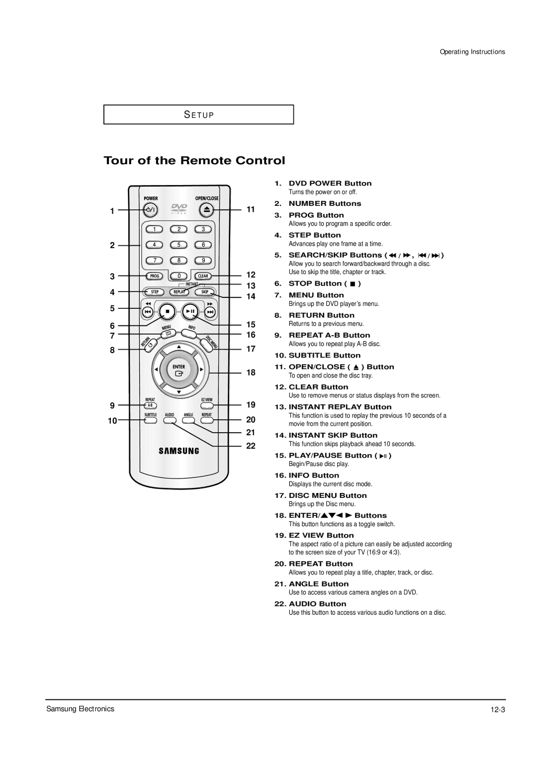 Samsung DVD-P355B/XEV, DVD-P355B/XEU, DVD-P355B/XEH, DVD-P355B/XEG Tour of the Remote Control, Samsung Electronics 12-3 