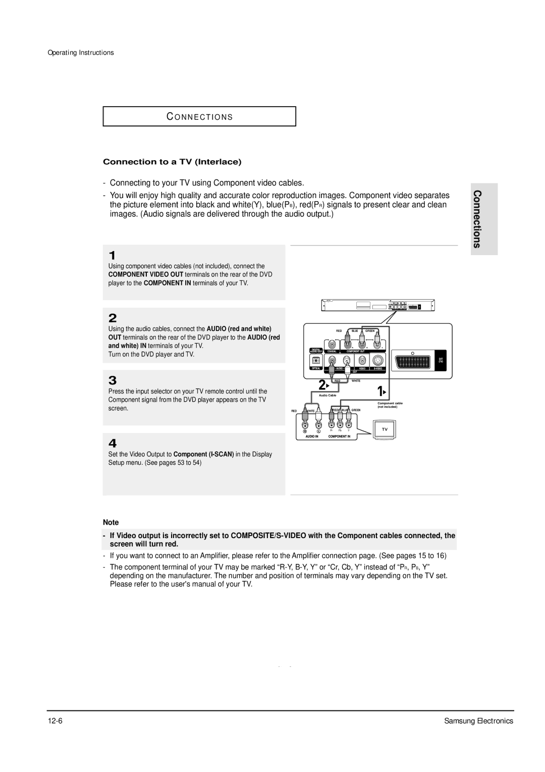 Samsung DVD-P355B/XEG Connection to a TV Interlace, White in terminals of your TV Turn on the DVD player and TV, Screen 