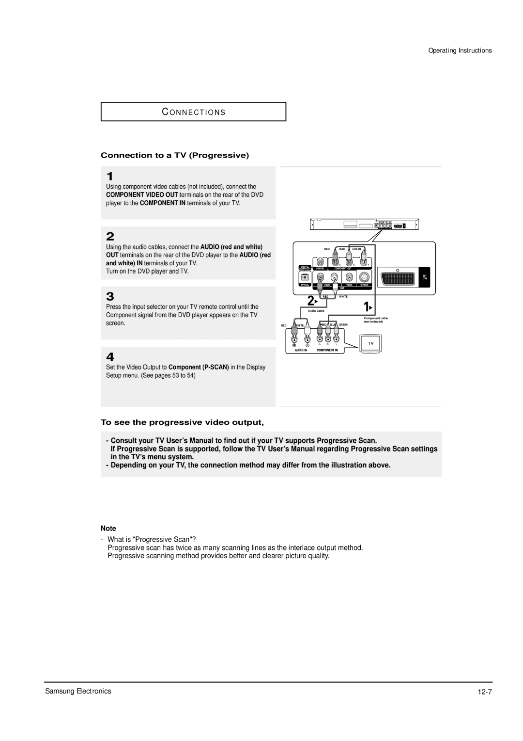 Samsung DVD-P355B/XET Samsung Electronics 12-7, Connection to a TV Progressive, TV’s menu system. progressive scan input 