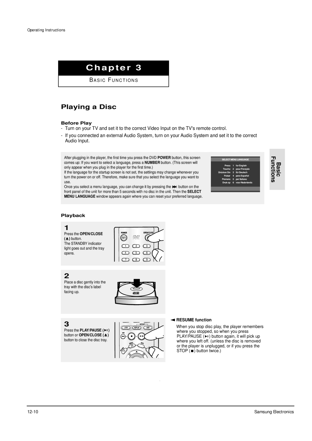 Samsung DVD-P355B/FOU, DVD-P355B/XEU, DVD-P355B/XEH, DVD-P355B/XEG Playing a Disc, Before Play, Playback, Resume function 