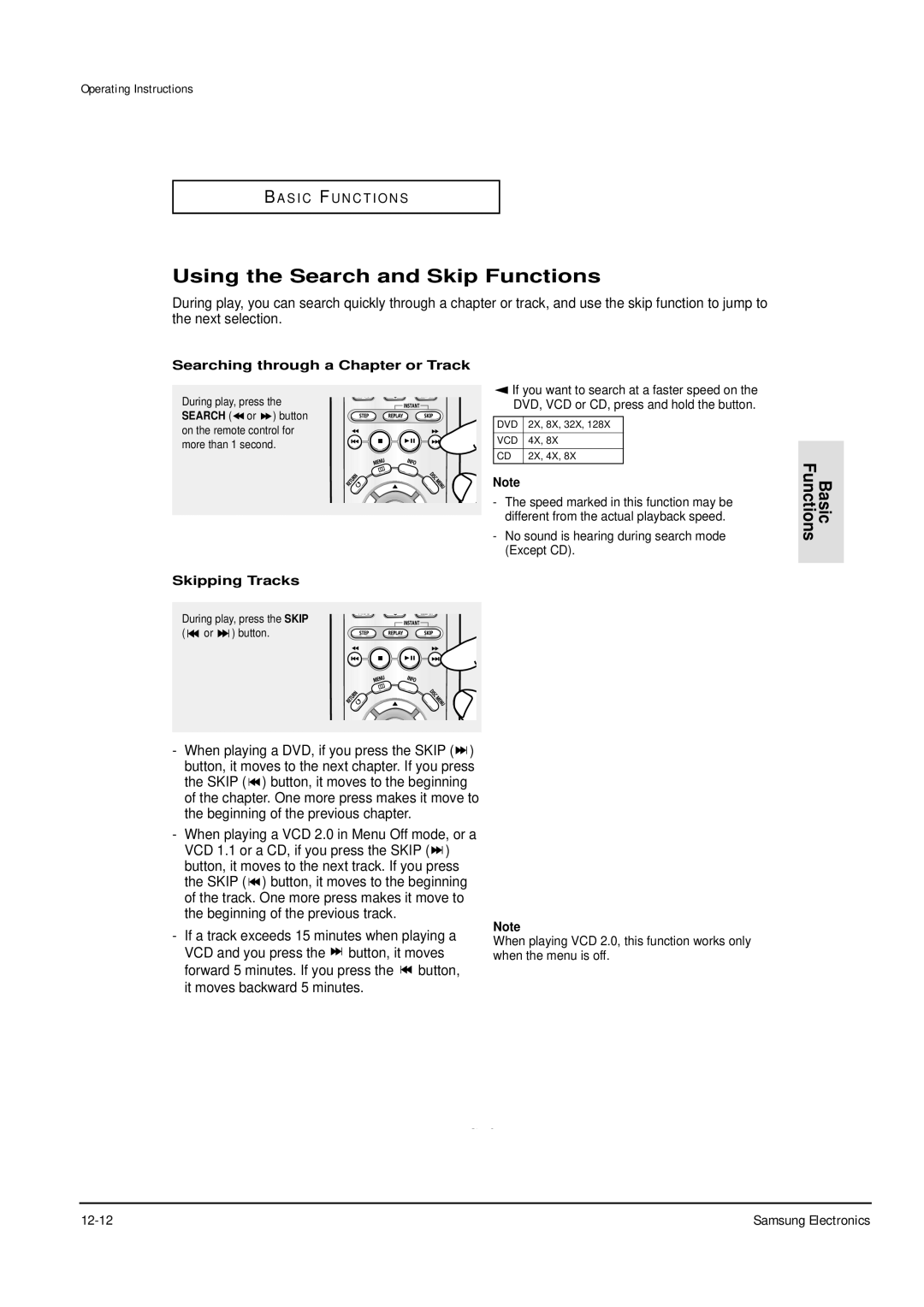 Samsung DVD-P355B/XEU Using the Search and Skip Functions, Searching through a Chapter or Track, Skipping Tracks 