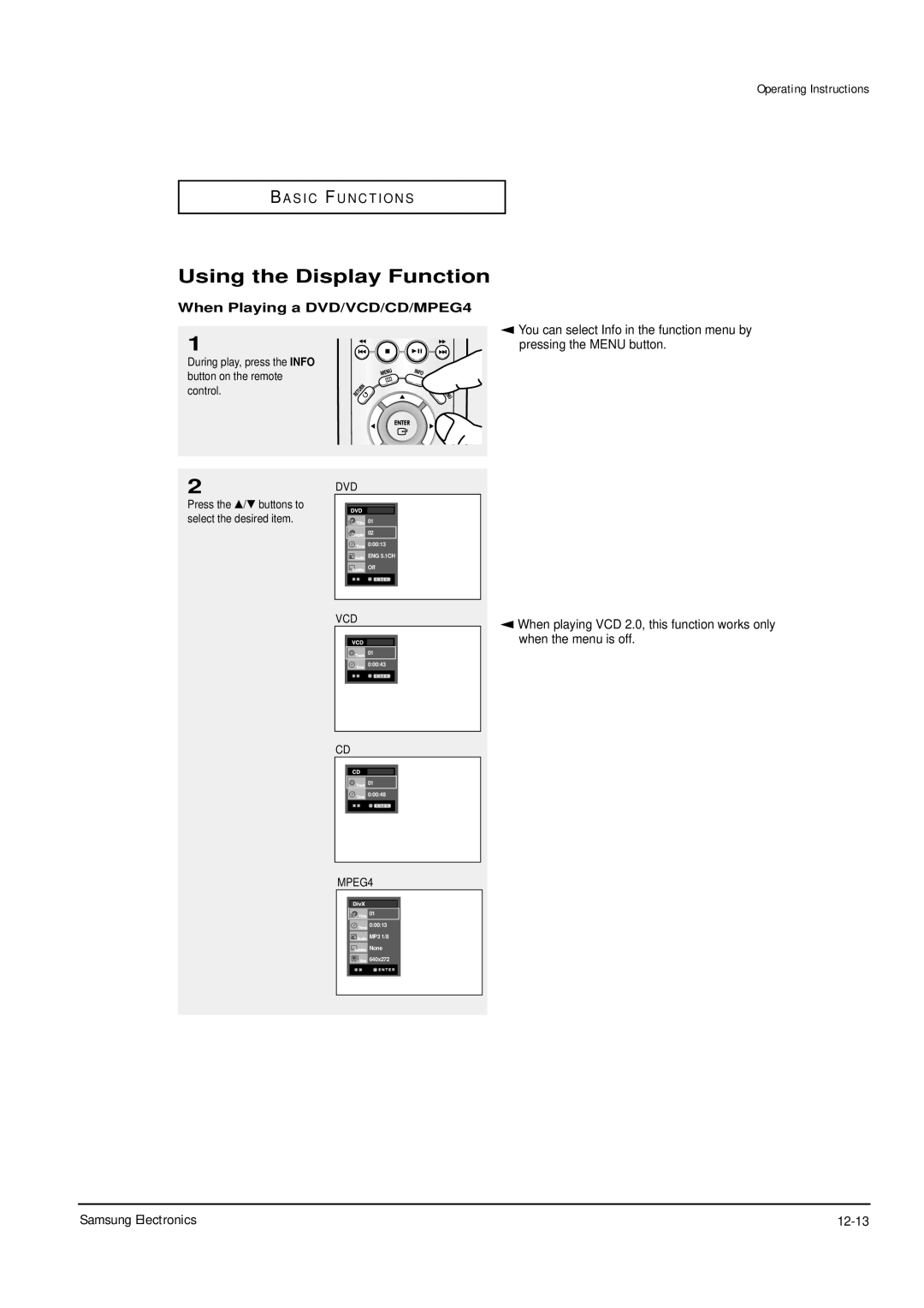 Samsung DVD-P355B/XEH service manual Using the Display Function, Samsung Electronics 12-13, When Playing a DVD/VCD/CD/MPEG4 