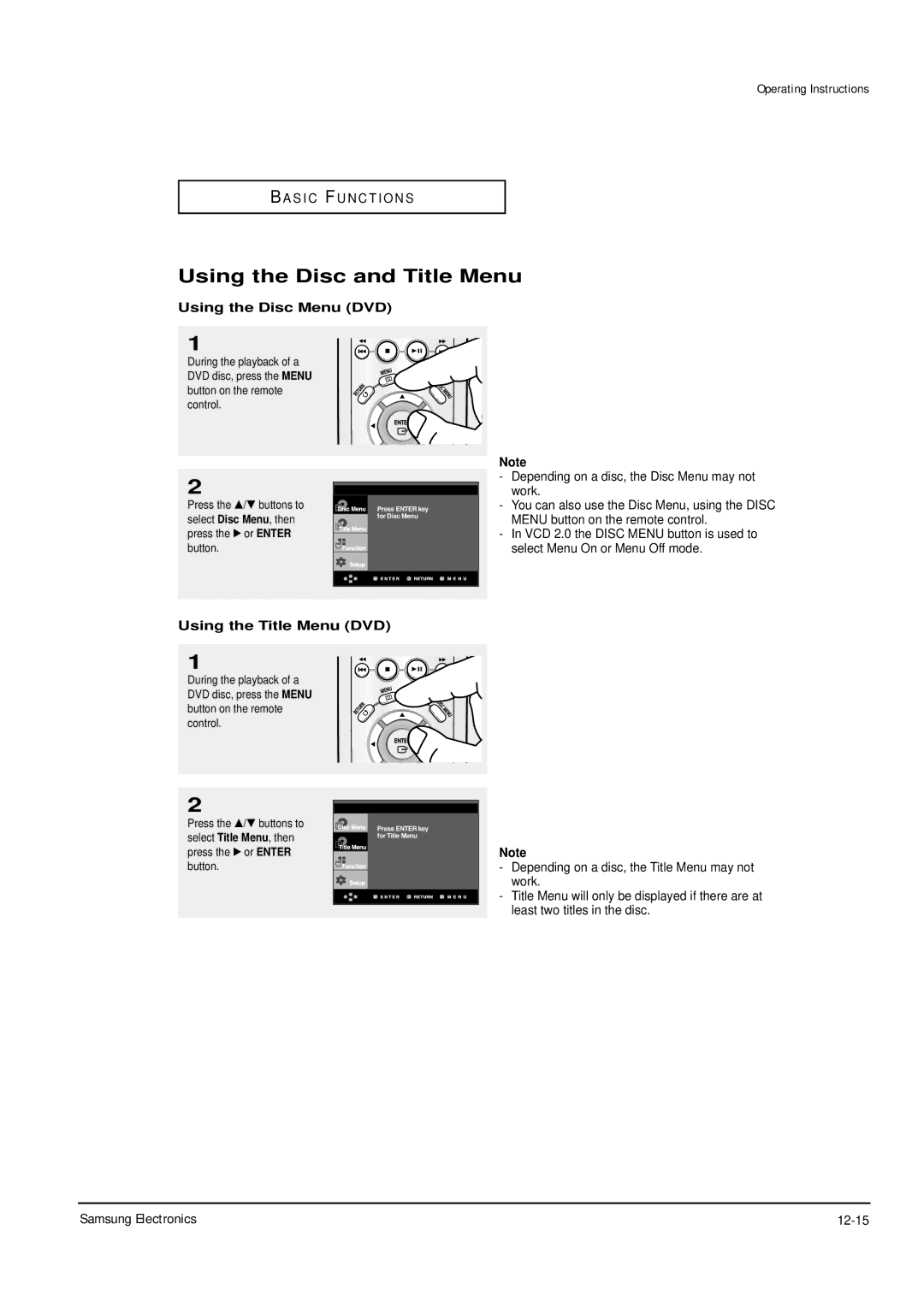 Samsung DVD-P355B/XET, DVD-P355B/XEU Using the Disc and Title Menu, Samsung Electronics 12-15, Using the Disc Menu DVD 