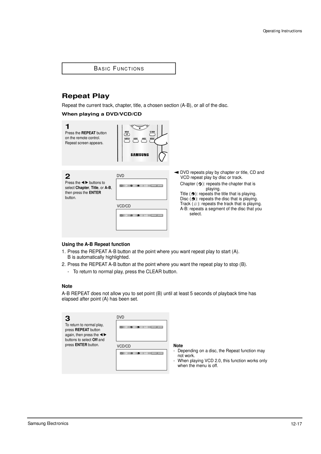 Samsung DVD-P355B/XEL, DVD-P355B/XEU, DVD-P355B/XEH Repeat Play, Samsung Electronics 12-17, When playing a DVD/VCD/CD 