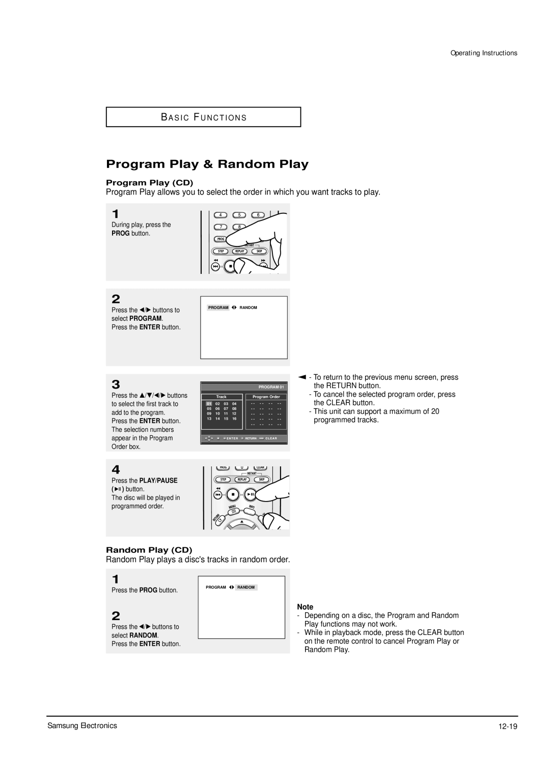 Samsung DVD-P355B/XEV service manual Program Play & Random Play, Samsung Electronics 12-19, Program Play CD, Random Play CD 