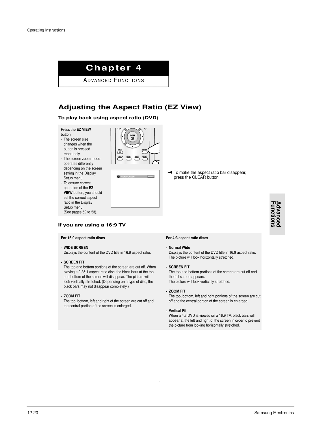 Samsung DVD-P355B/XEU, DVD-P355B/XEH, DVD-P355B/XEG Adjusting the Aspect Ratio EZ View, To play back using aspect ratio DVD 