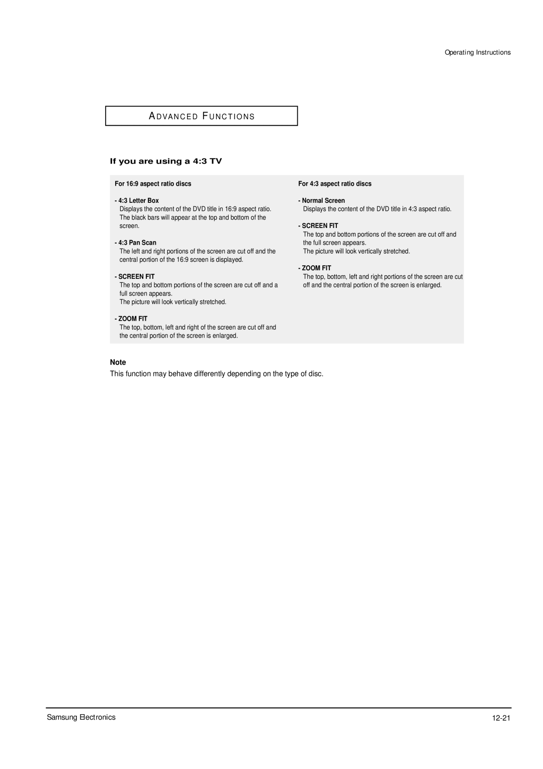 Samsung DVD-P355B/XEH Samsung Electronics 12-21, If you are using a 43 TV, For 169 aspect ratio discs Letter Box, Pan Scan 