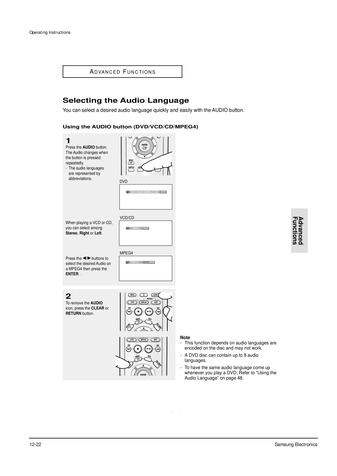 Samsung DVD-P355B/XEG, DVD-P355B/XEU, DVD-P355B/XEH Selecting the Audio Language, Using the Audio button DVD/VCD/CD/MPEG4 