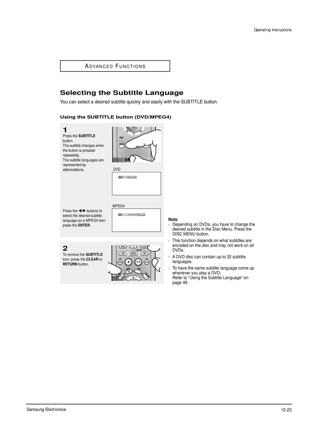 Samsung DVD-P355B/XET Selecting the Subtitle Language, Samsung Electronics 12-23, Using the Subtitle button DVD/MPEG4 