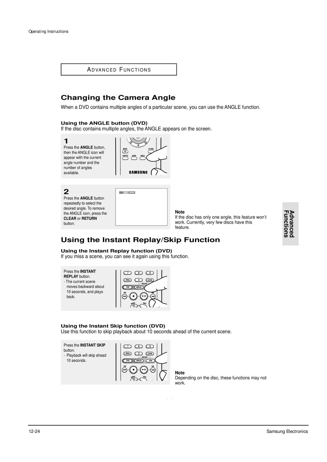 Samsung DVD-P355B/XEE Changing the Camera Angle, Using the Instant Replay/Skip Function, Using the Angle button DVD 