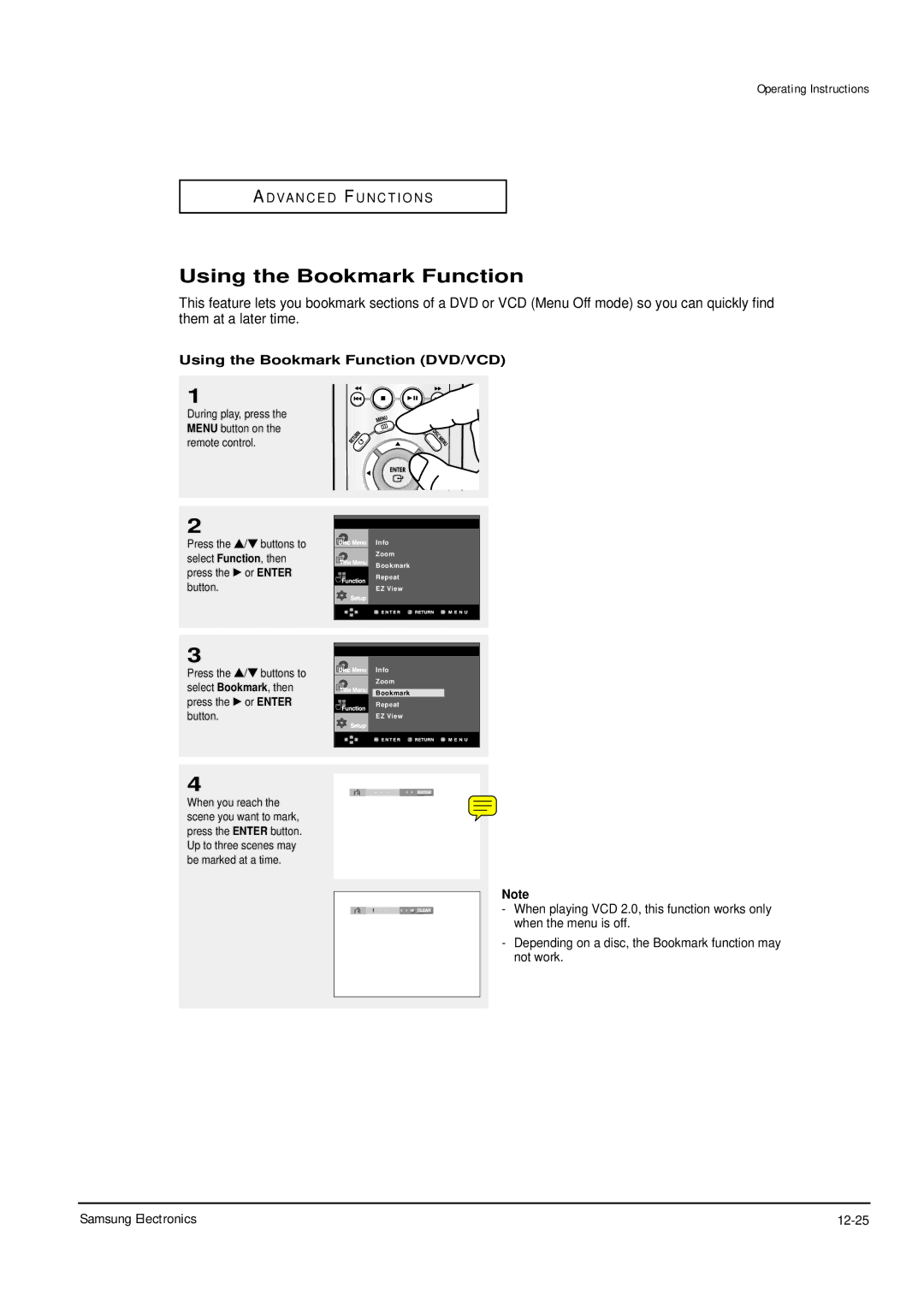 Samsung DVD-P355B/XEL, DVD-P355B/XEU, DVD-P355B/XEH Samsung Electronics 12-25, Using the Bookmark Function DVD/VCD 