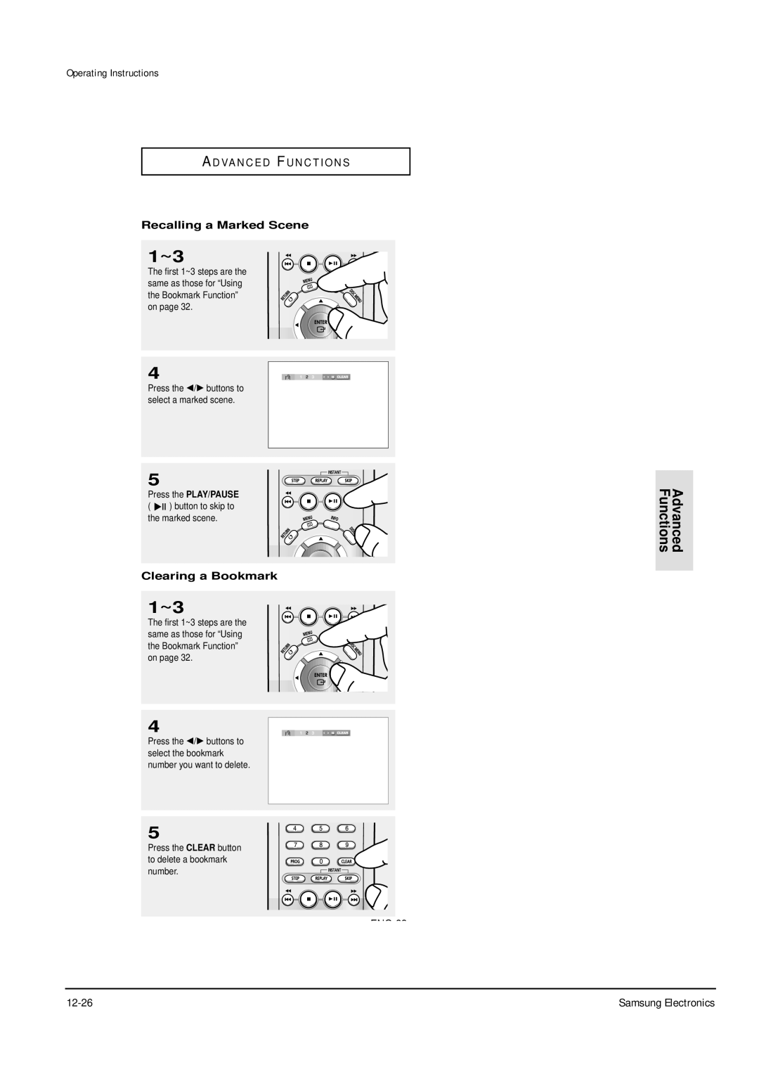 Samsung DVD-P355B/FOU, DVD-P355B/XEU, DVD-P355B/XEH, DVD-P355B/XEG Recalling a Marked Scene, Clearing a Bookmark 