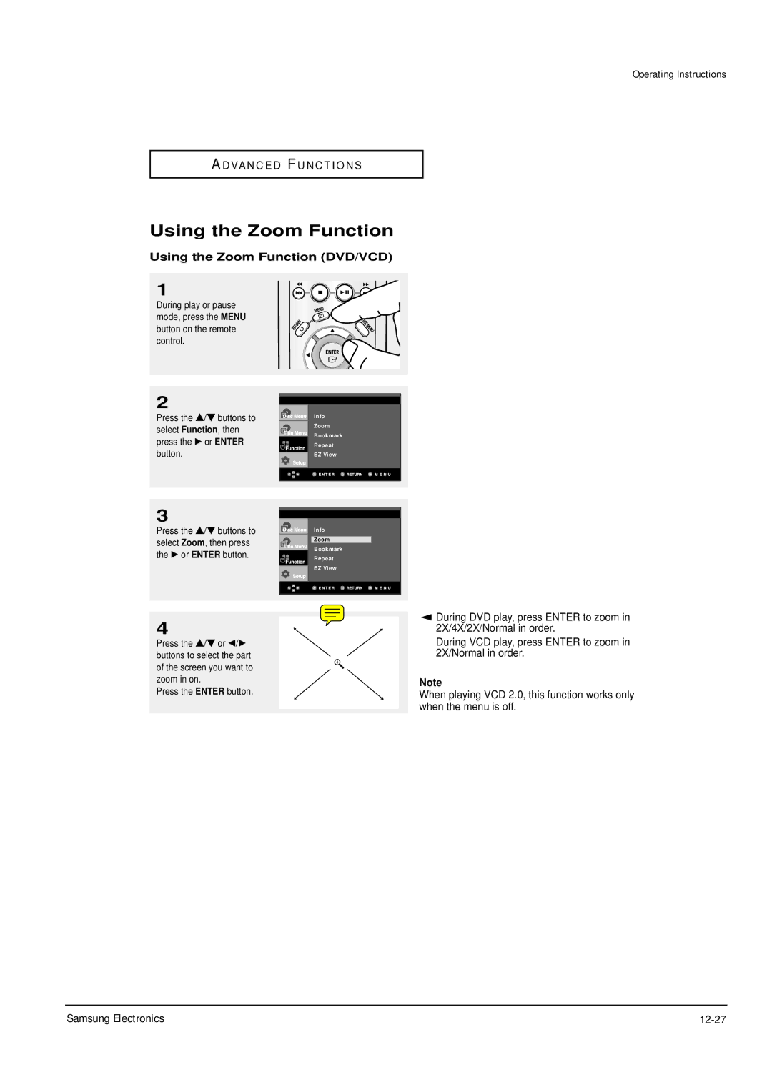 Samsung DVD-P355B/XEV, DVD-P355B/XEU, DVD-P355B/XEH Samsung Electronics 12-27, Using the Zoom Function DVD/VCD 