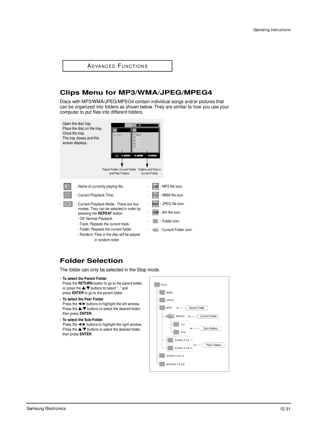 Samsung DVD-P355B/XET, DVD-P355B/XEU Clips Menu for MP3/WMA/JPEG/MPEG4, Folder Selection, Samsung Electronics 12-31 