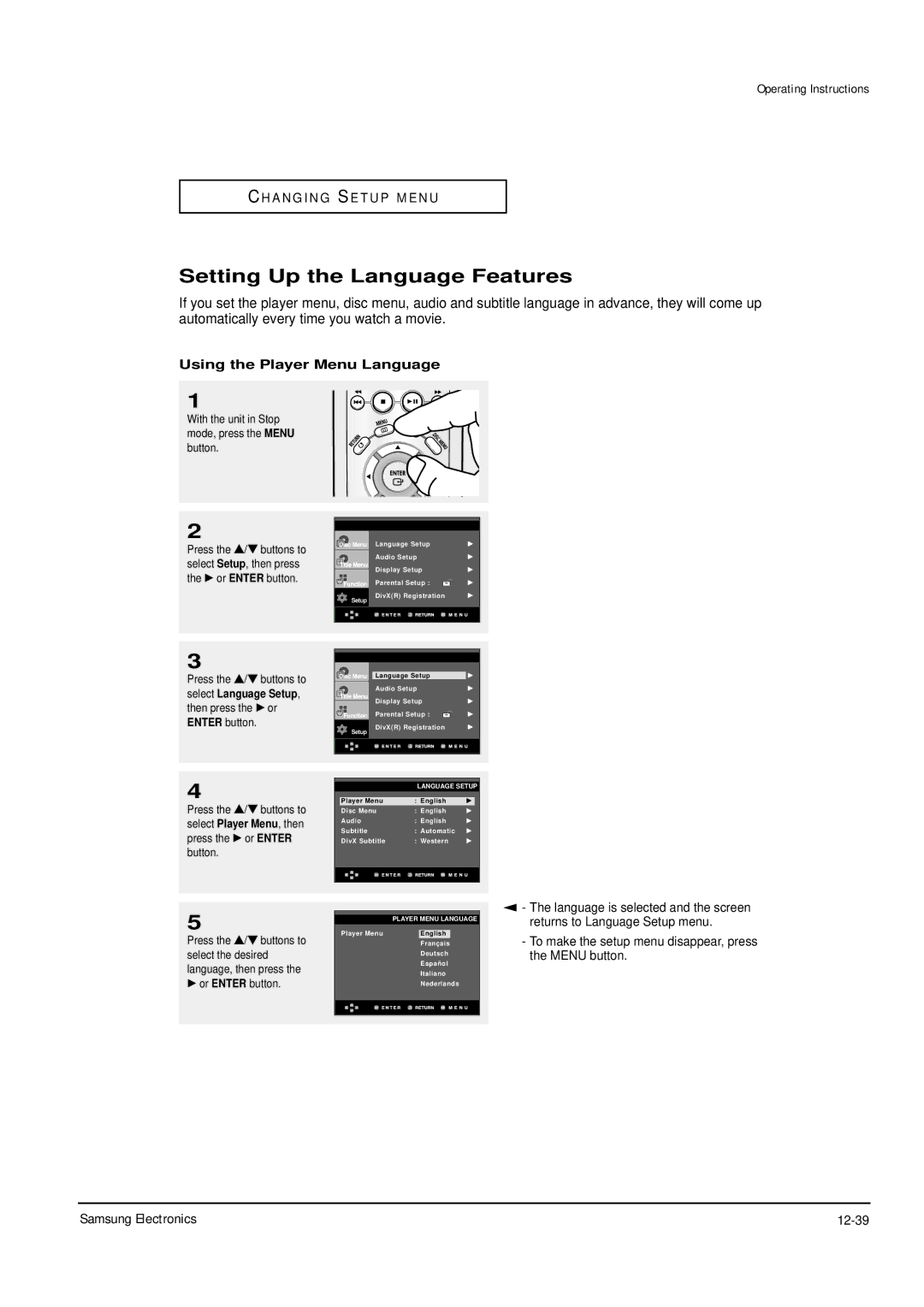 Samsung DVD-P355B/XET Setting Up the Language Features, Samsung Electronics 12-39, Using the Player Menu Language 