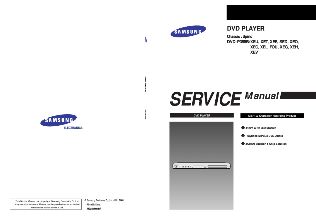 Samsung DVD-P355B/XEH service manual SERVICE Manual, Dvd Player, Chassis Spino, Merit & Character regarding Product 