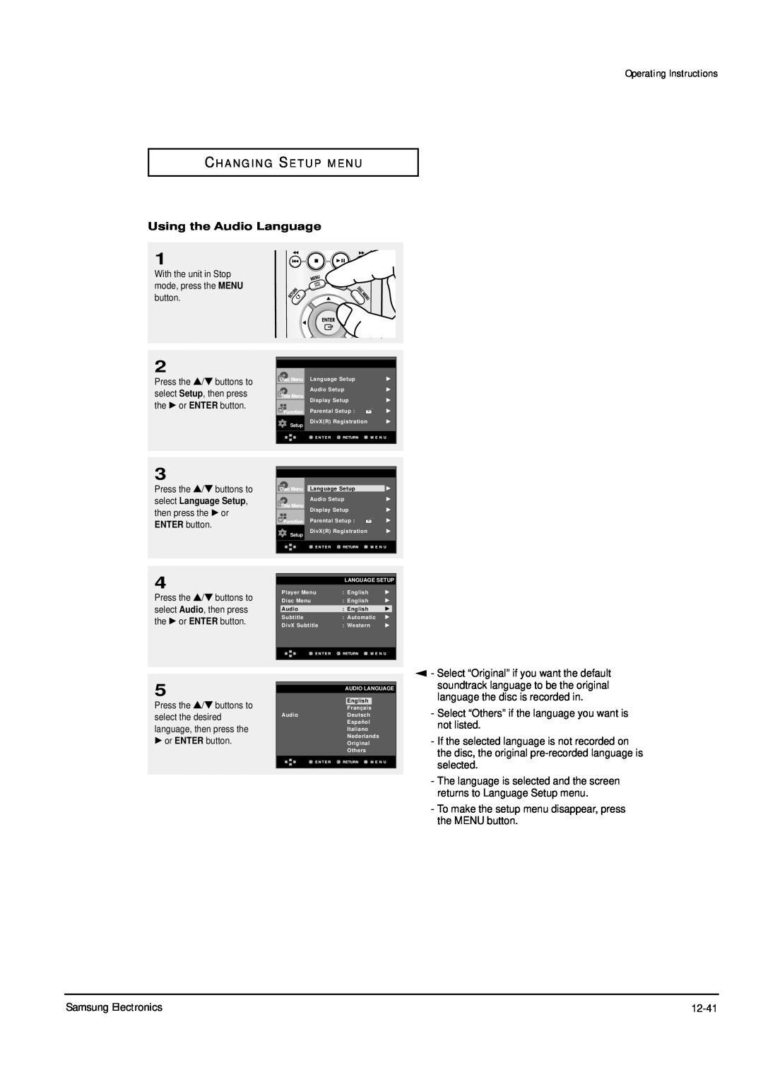 Samsung DVD-P355B/XEL Operating Instructions, C H A N G I N G S E T U P M E N U, Using the Audio Language, ENG-48 