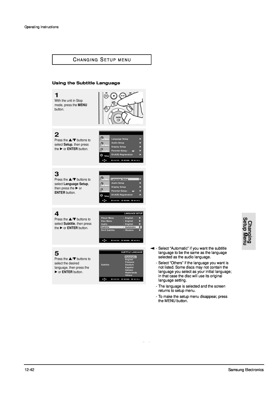 Samsung DVD-P355B/FOU service manual Changing Setup Menu, Operating Instructions, C H A N G I N G S E T U P M E N U, ENG-49 