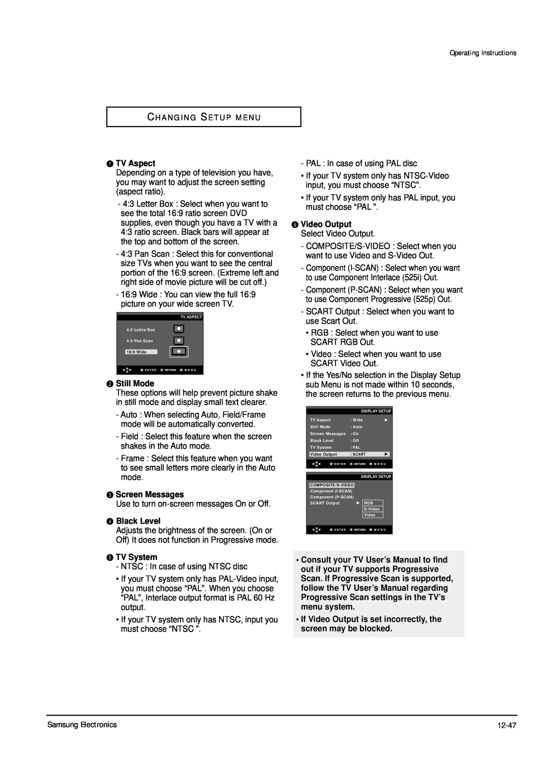 Samsung DVD-P355B/XET, DVD-P355B/XEU service manual Œ TV Aspect, ´ Still Mode, ˇ Screen Messages, ¨ Black Level, ˆ TV System 
