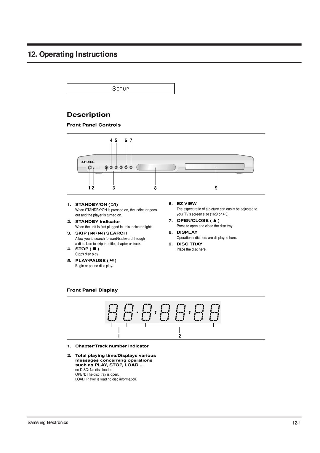 Samsung DVD-P355B/XEL Operating Instructions, Description, S E T U P, Front Panel Controls, Front Panel Display, ENG-8 