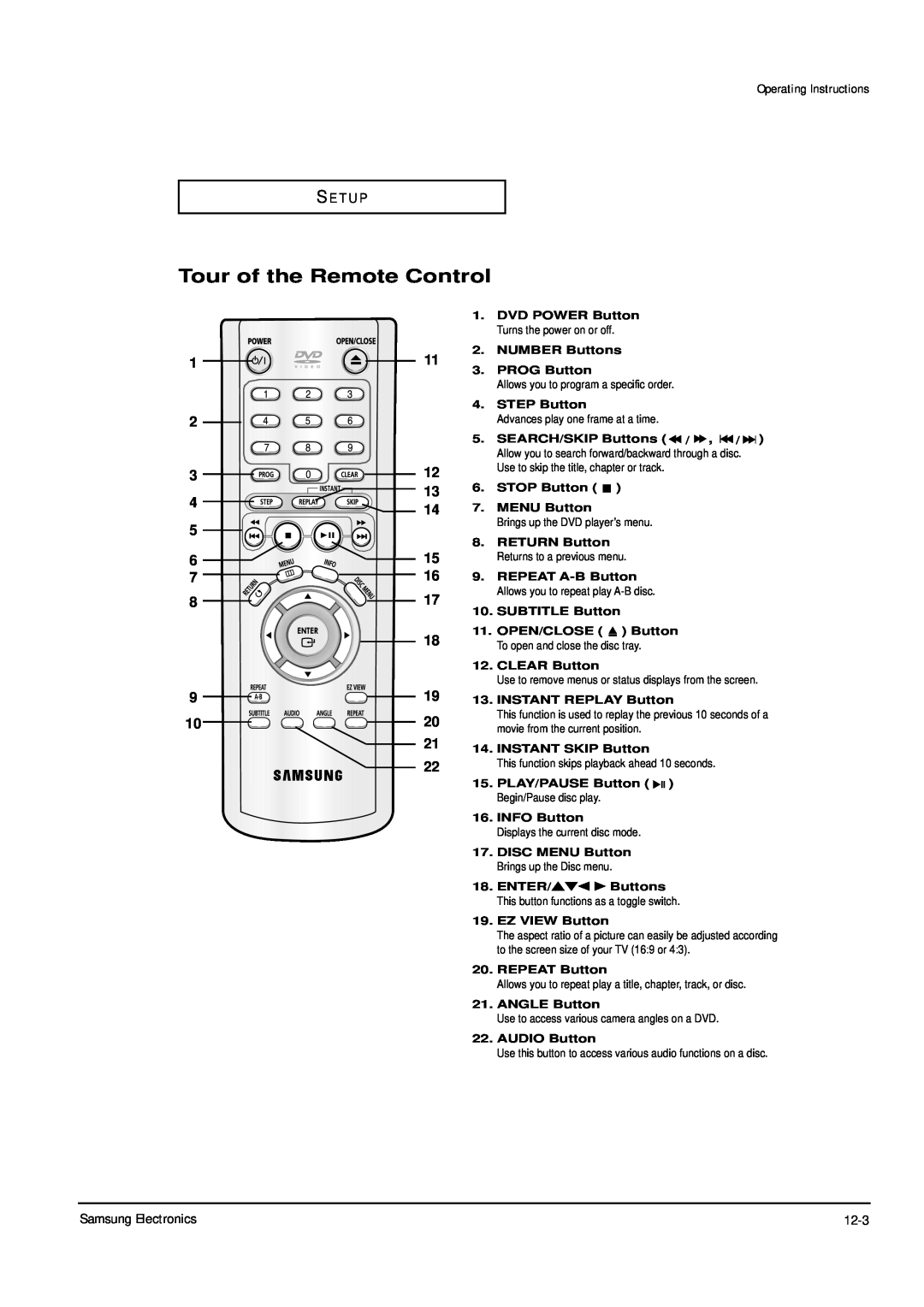 Samsung DVD-P355B/XEV Tour of the Remote Control, Operating Instructions, S E T U P, ENG-10, PROG Button, STEP Button 