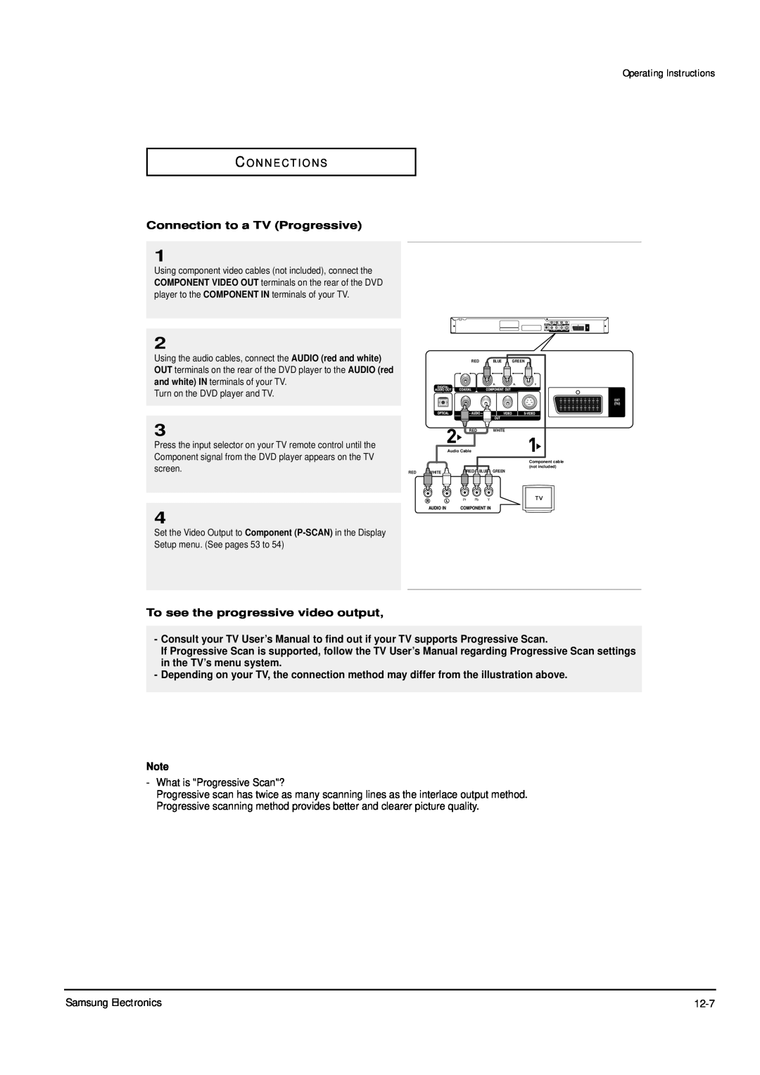 Samsung DVD-P355B/XET Operating Instructions, Connection to a TV Progressive, To see the progressive video output 