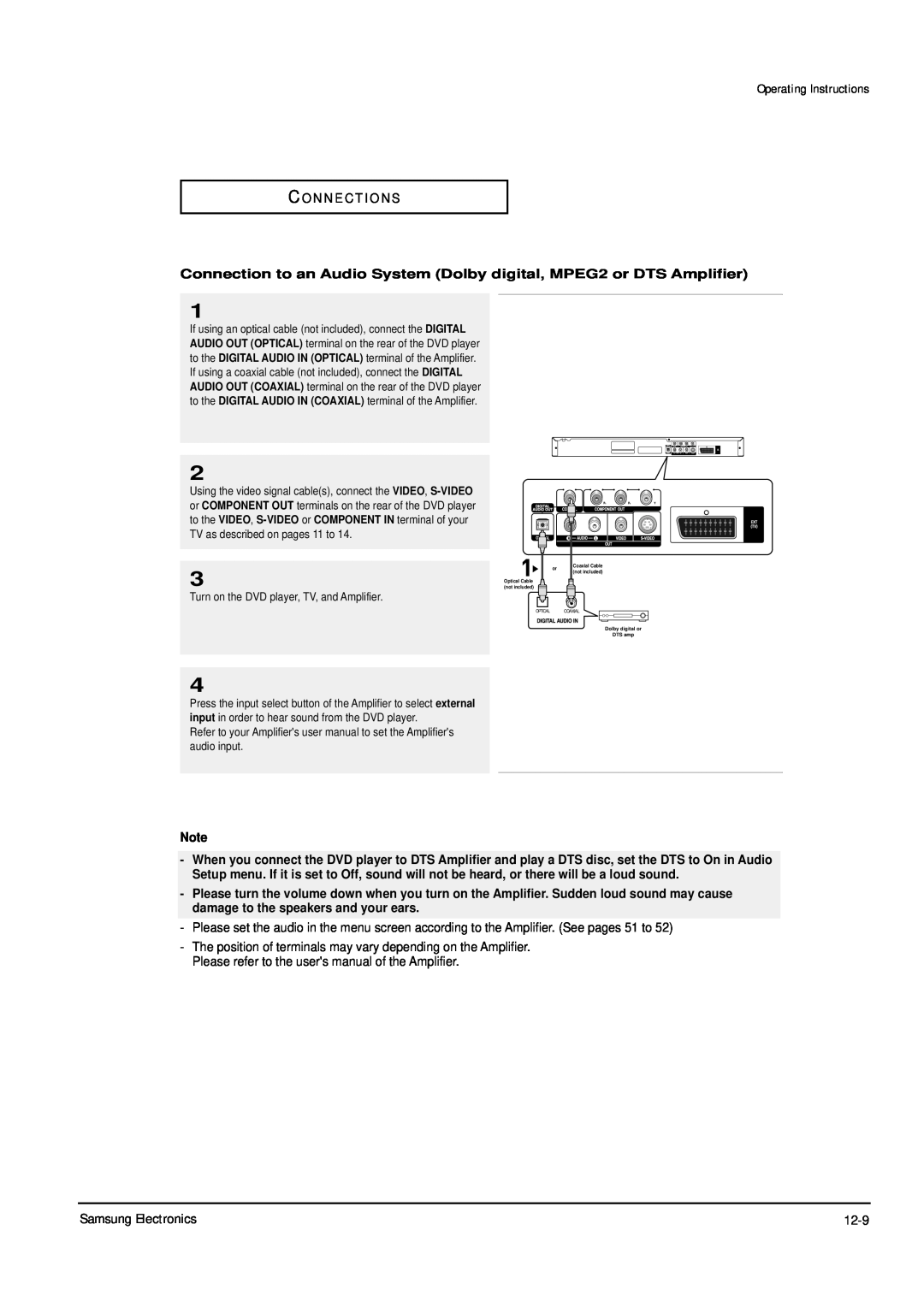 Samsung DVD-P355B/XEL Operating Instructions, Connection to an Audio System Dolby digital, MPEG2 or DTS Amplifier 
