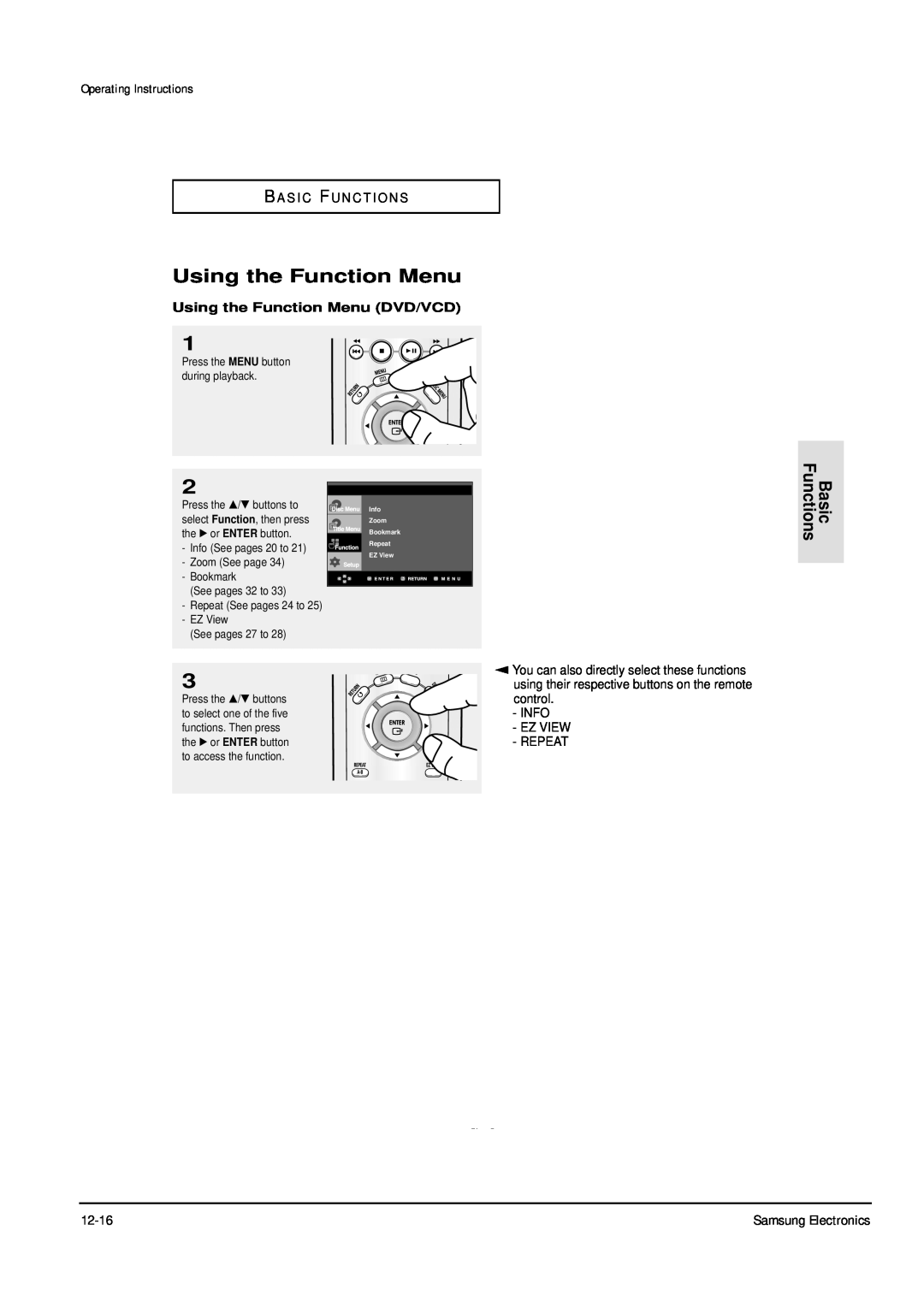 Samsung DVD-P355B/XEE Using the Function Menu, Basic Functions, Operating Instructions, B A S I C F U N C T I O N S 