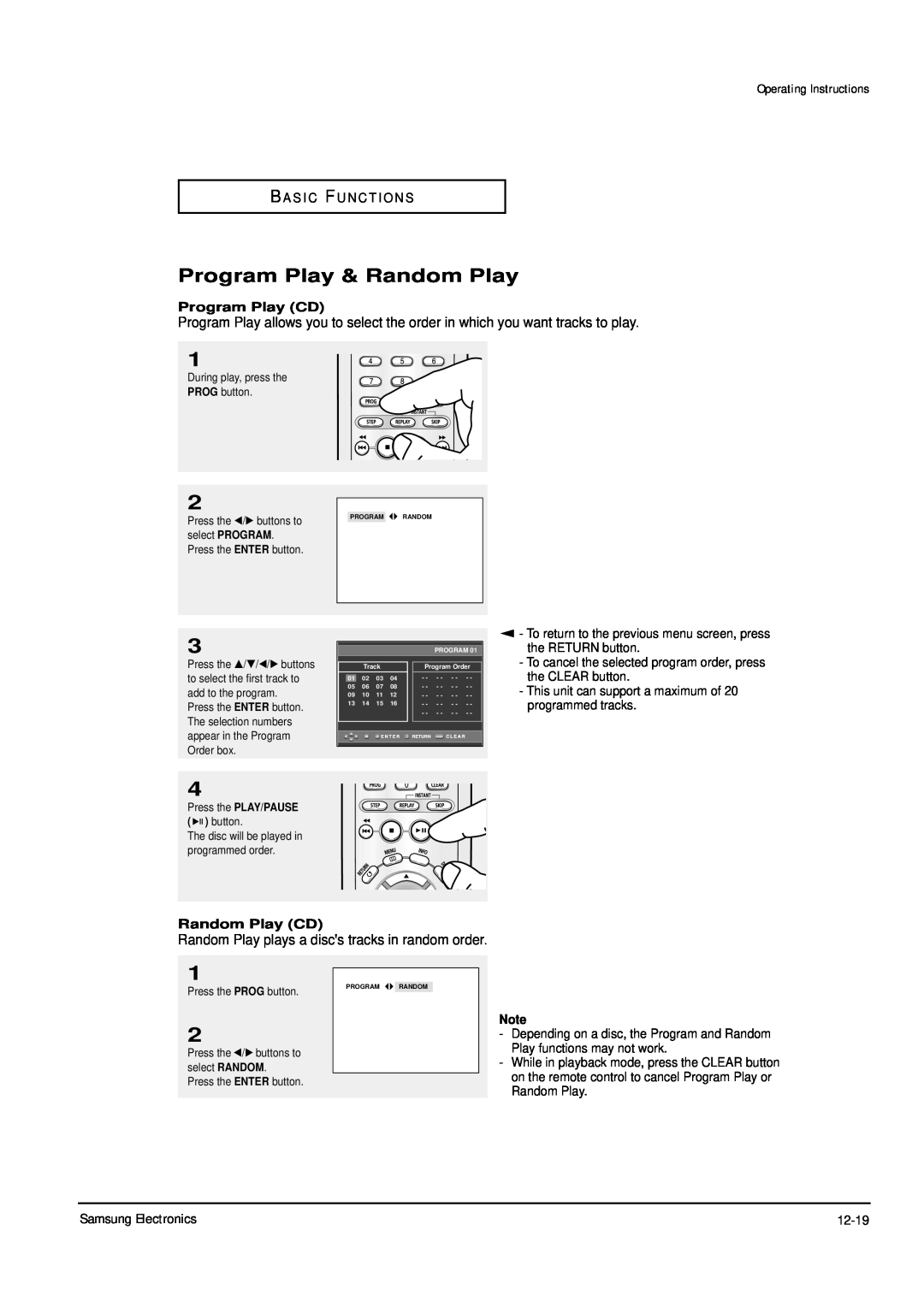 Samsung DVD-P355B/XEV Program Play & Random Play, Operating Instructions, Random Play plays a discs tracks in random order 