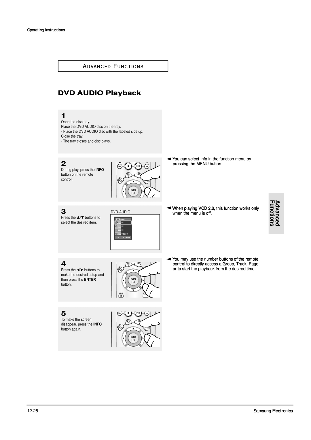 Samsung DVD-P355B/XEU DVD AUDIO Playback, Advanced Functions, Operating Instructions, A D Va N C E D F U N C T I O N S 