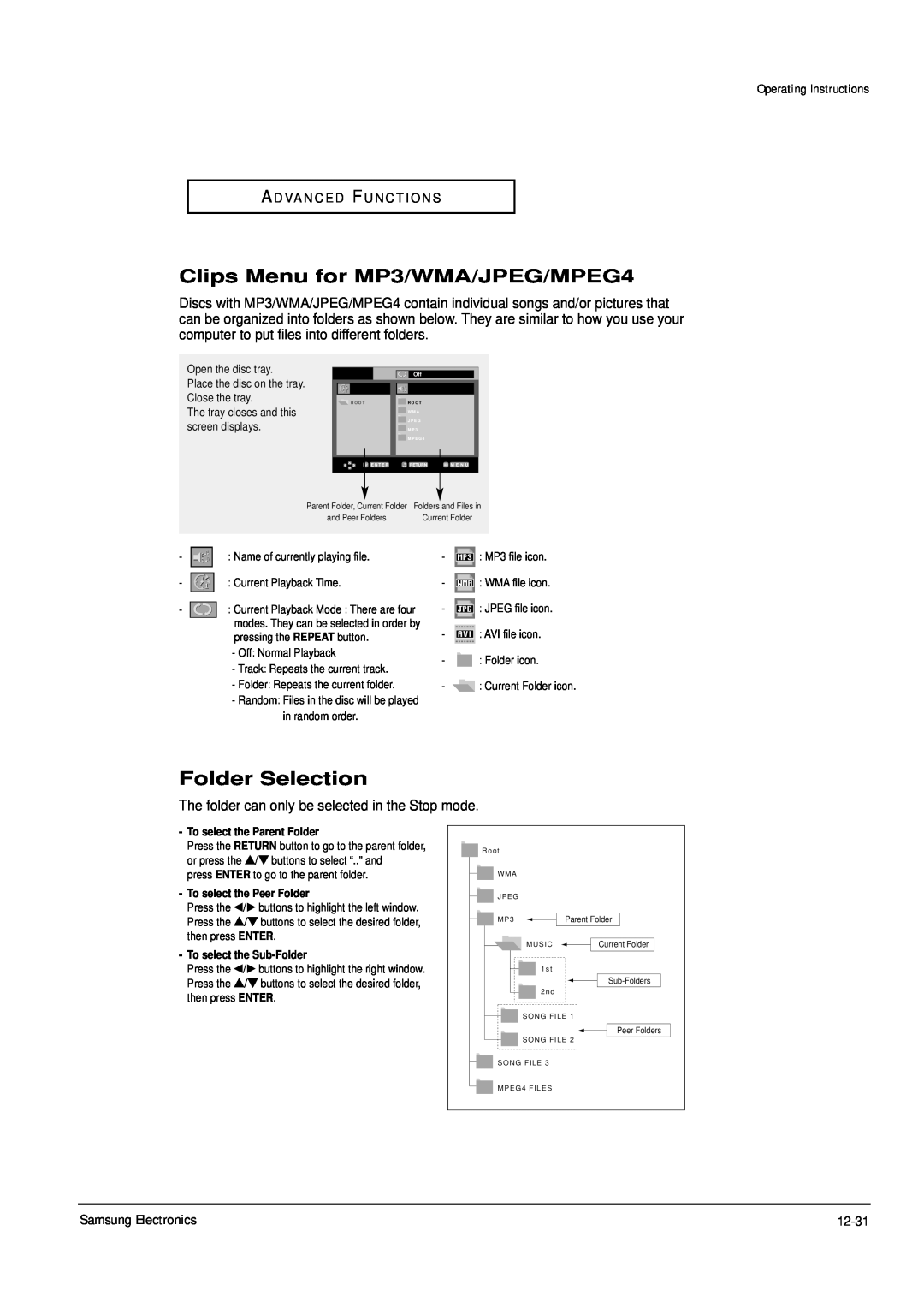 Samsung DVD-P355B/XET, DVD-P355B/XEU Clips Menu for MP3/WMA/JPEG/MPEG4, Folder Selection, Operating Instructions, ENG-38 