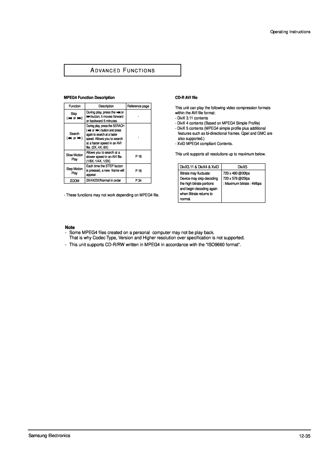 Samsung DVD-P355B/XEV Operating Instructions, A D Va N C E D F U N C T I O N S, ENG-42, MPEG4 Function Description 