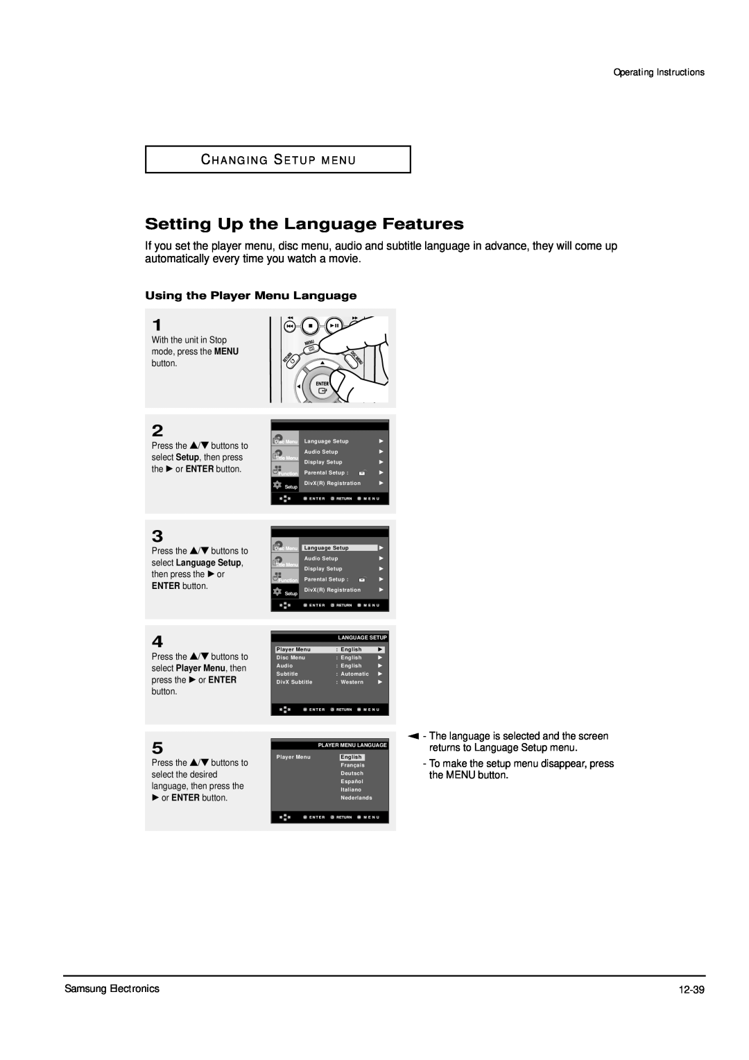 Samsung DVD-P355B/XET Setting Up the Language Features, Operating Instructions, C H A N G I N G S E T U P M E N U, ENG-46 