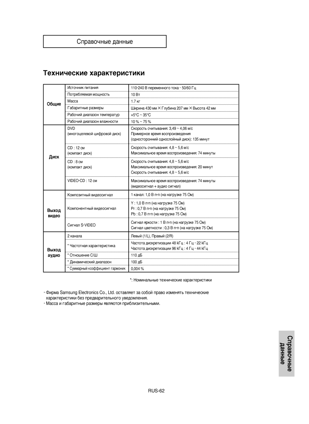 Samsung DVD-P355K/XEV manual ÍÂıÌË˜ÂÒÍËÂ ı‡‡ÍÚÂËÒÚËÍË, ·˘Ëâ, Ñëòí, ÇÓÏËÌ‡Î¸Ì˚Â ÚÂıÌË˜ÂÒÍËÂ ı‡‡ÍÚÂËÒÚËÍË 