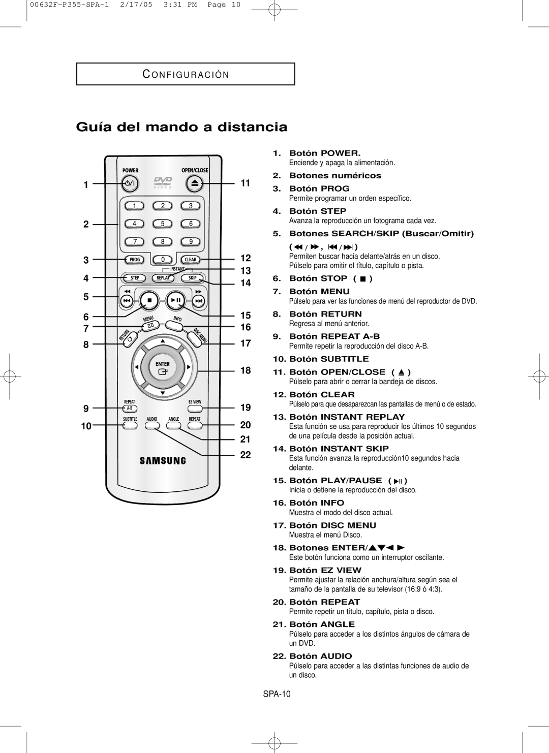 Samsung DVD-P355/XEC manual Guía del mando a distancia, SPA-10 