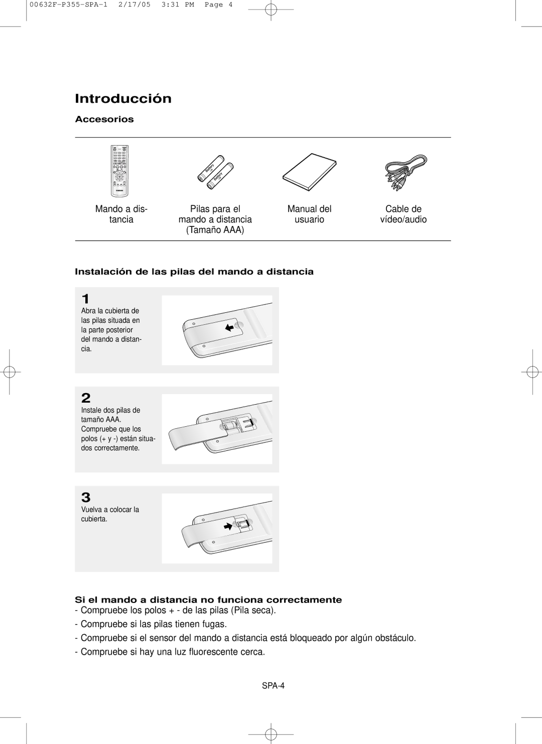 Samsung DVD-P355/XEC manual Introducció n, Accesorios, Instalació n de las pilas del mando a distancia 