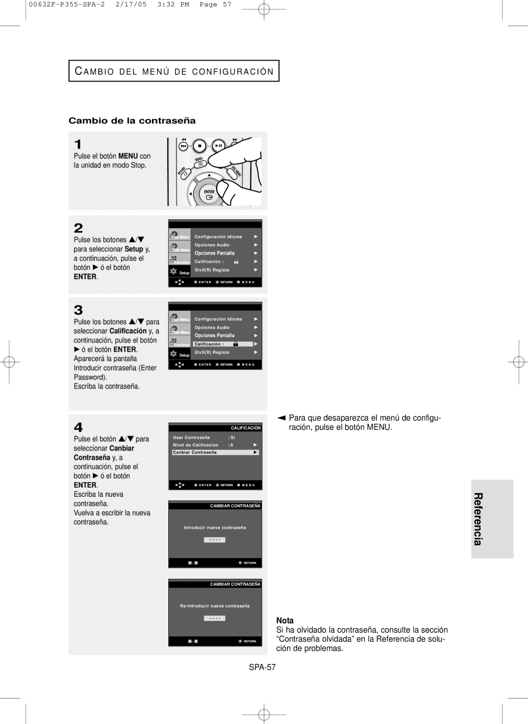 Samsung DVD-P355/XEC manual Cambio de la contraseñ a, Referencia, SPA-57, Canbiar, Ración, pulse el botón Menu 