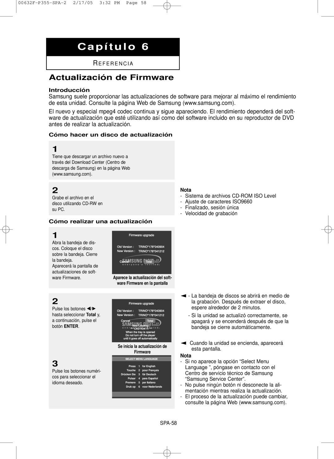 Samsung DVD-P355/XEC manual Actualizació n de Firmware, Introducció n, Có mo hacer un disco de actualizació n 