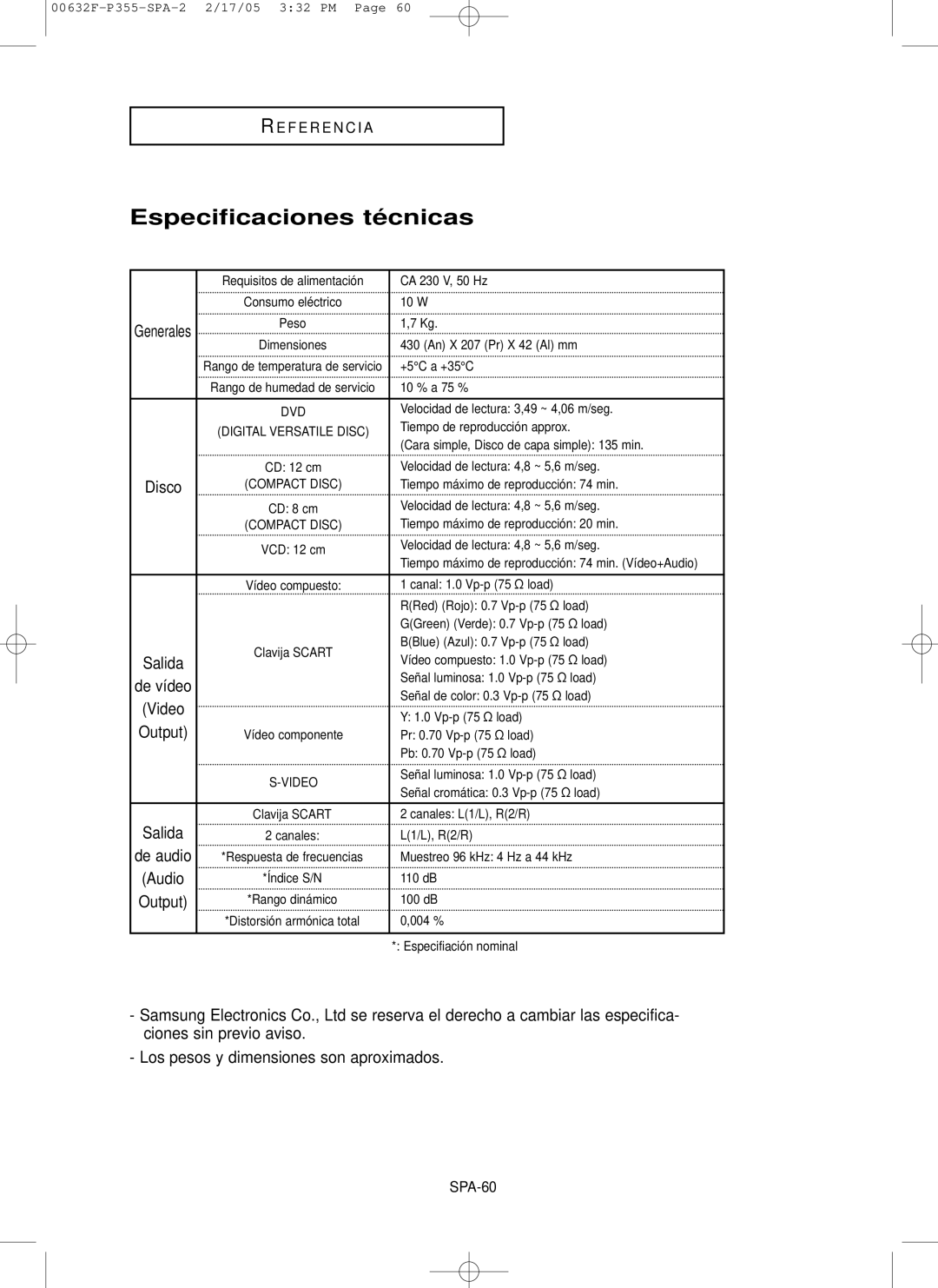 Samsung DVD-P355/XEC manual Especificaciones té cnicas, SPA-60 