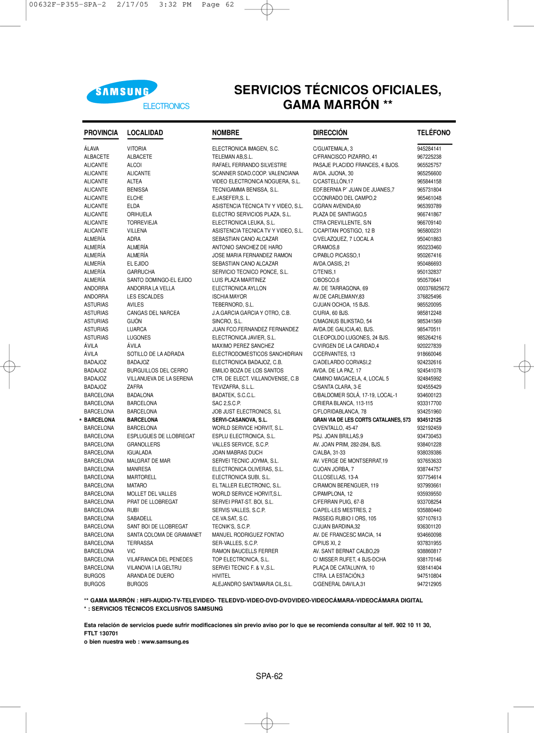 Samsung DVD-P355/XEC manual Servicios TÉ Cnicos Oficiales Gama Marró N, SPA-62 