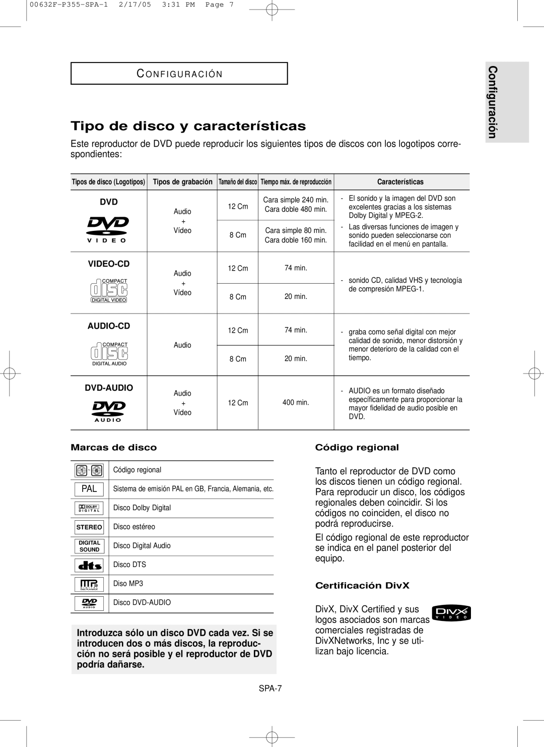 Samsung DVD-P355/XEC manual Tipo de disco y características, Marcas de disco, Có digo regional, Certificació n DivX 